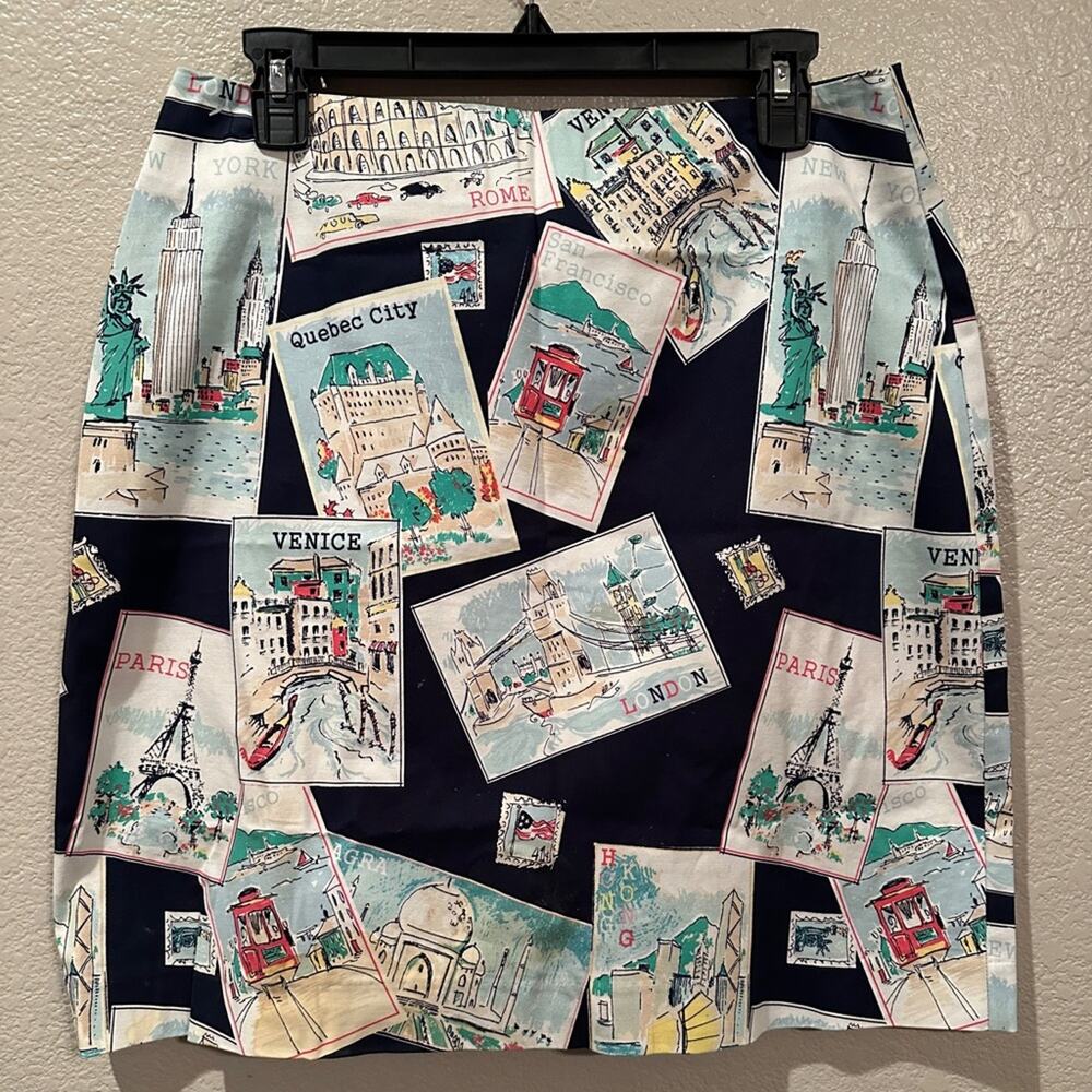 Talbots Postcard Travel Landmarks Print Skirt Navy Blue A-line Pencil Skirt 10p